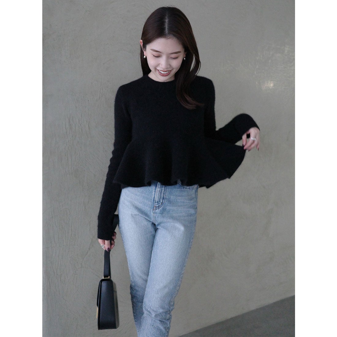 アニュアンス anuans ペプラムショートニットトップス （BLACK