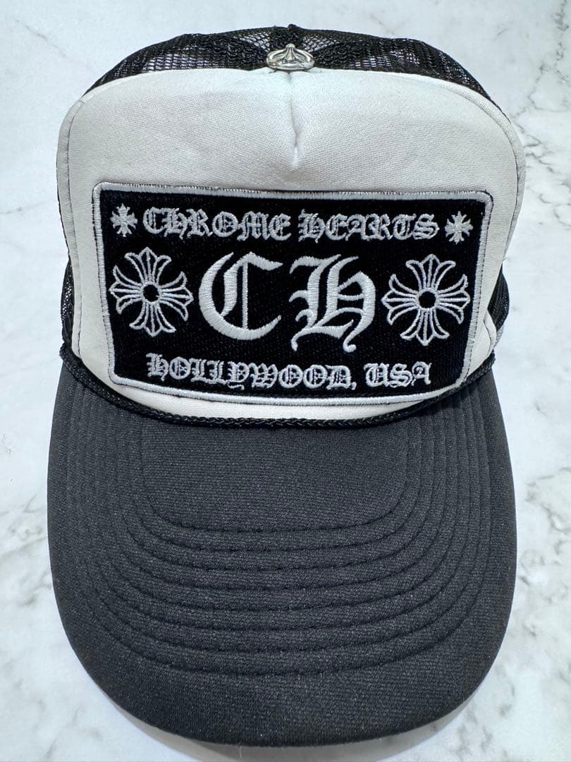 【超美品】CHROME HEARTS 刺繍トラッカーキャップ ブラック/ホワイト クロムハーツトラッカーキャップキングタコマルチカラークロスブラック