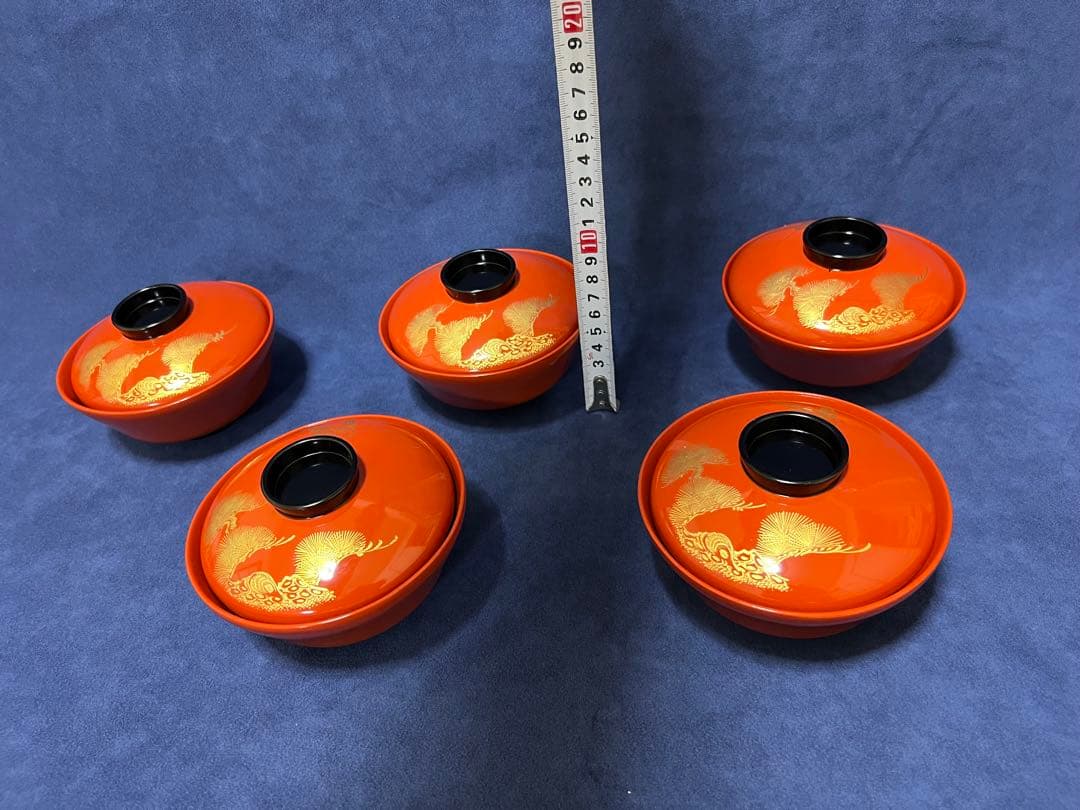 漆器 輪島塗 木製 蒔絵 蓋付椀 汁椀 5客 時代物 在銘稲森 木